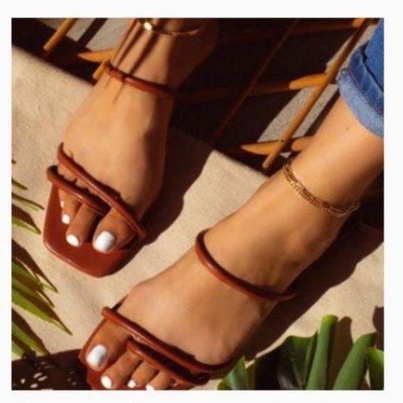 Shoe Affair Shoes - Brick Brown Square Toe Strappy Slide Sandals